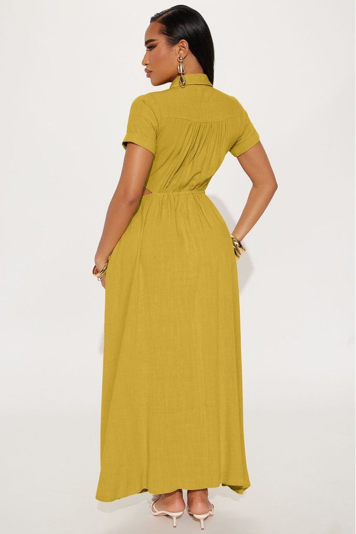 Linen Maxi Shirt Dress - Mustard
