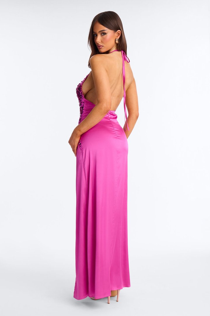 Camera Ready Sequin Satin Maxi Dress - Magenta