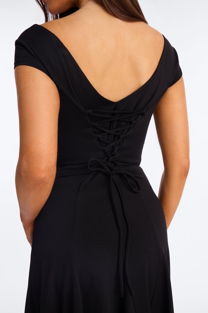 Gisella Lace Up Ponte Midi Dress - Black