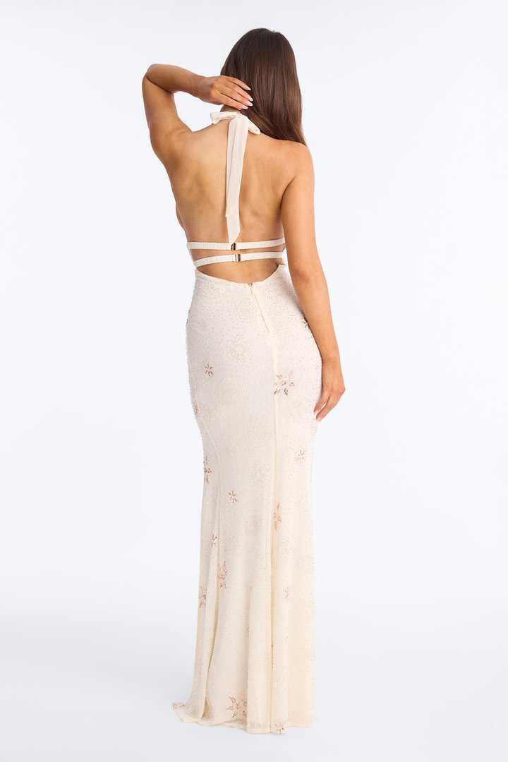 Odessa Beaded Mesh Gown - White