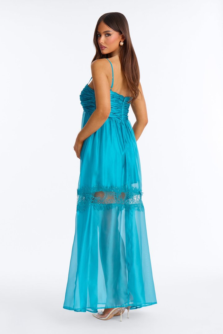 Saira Pleated Satin Maxi Dress - Teal