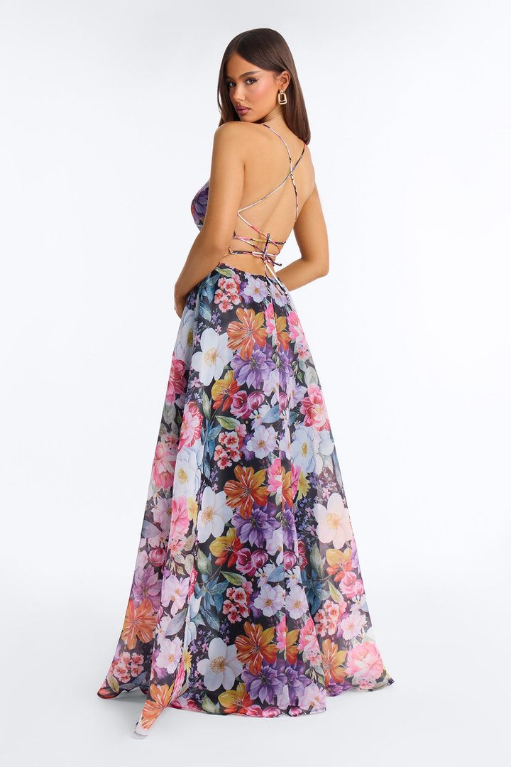 Lacey Floral Organza Gown - Black/combo