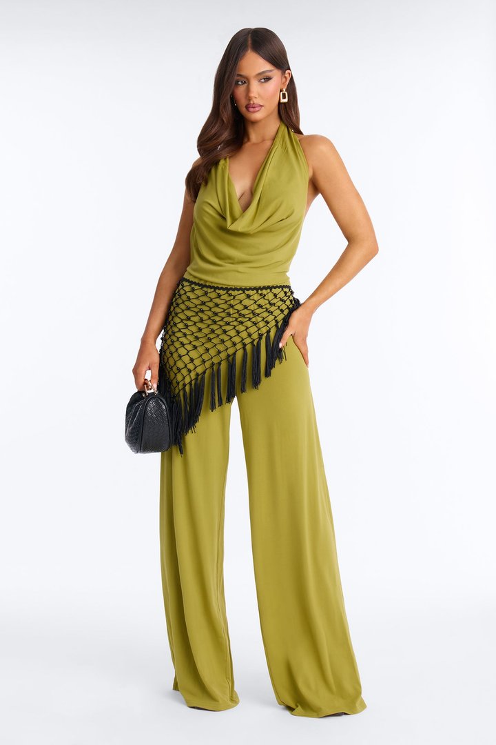 Ilaria Jumpsuit And Beaded Waist Scarf - Chartreuse