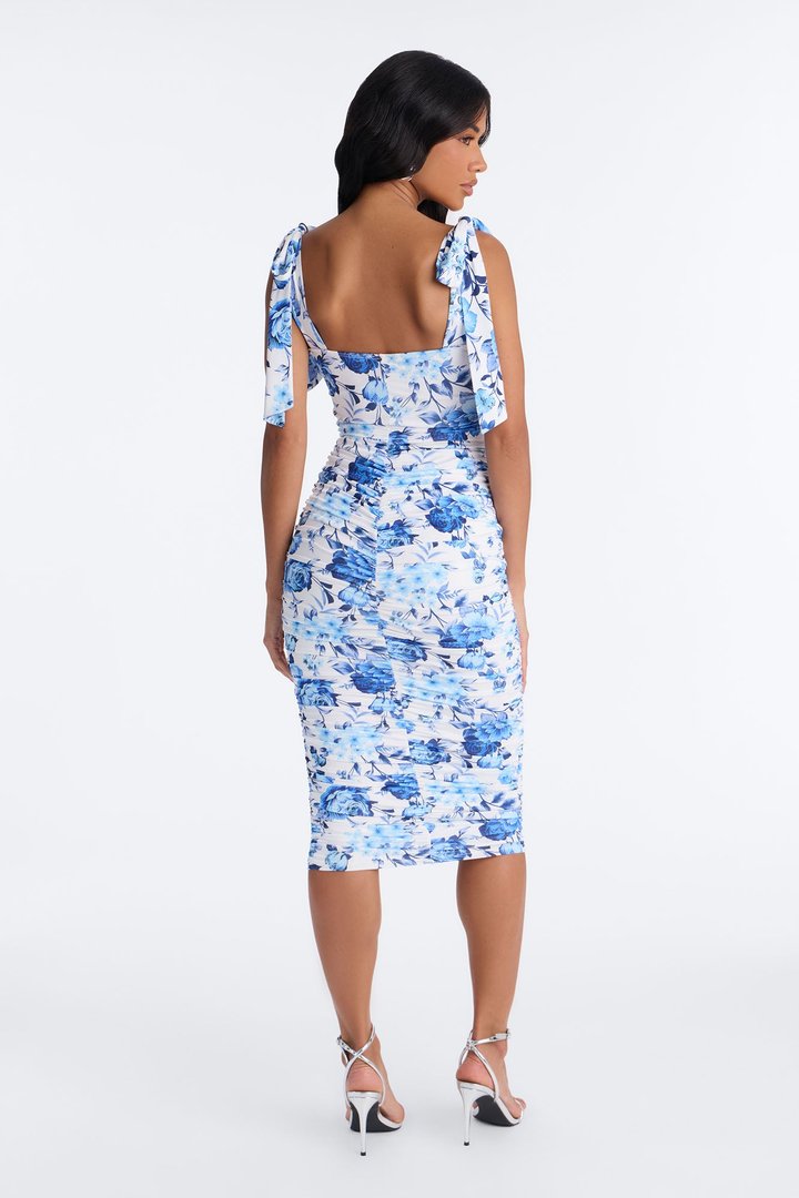 Alexandra Ruched Floral Midi Dress - Blue/combo