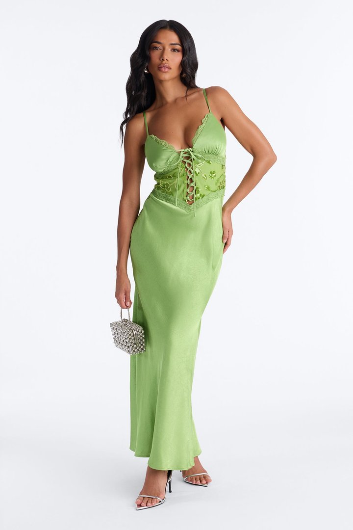 Kelsey Embellished Satin Maxi Dress - Chartreuse
