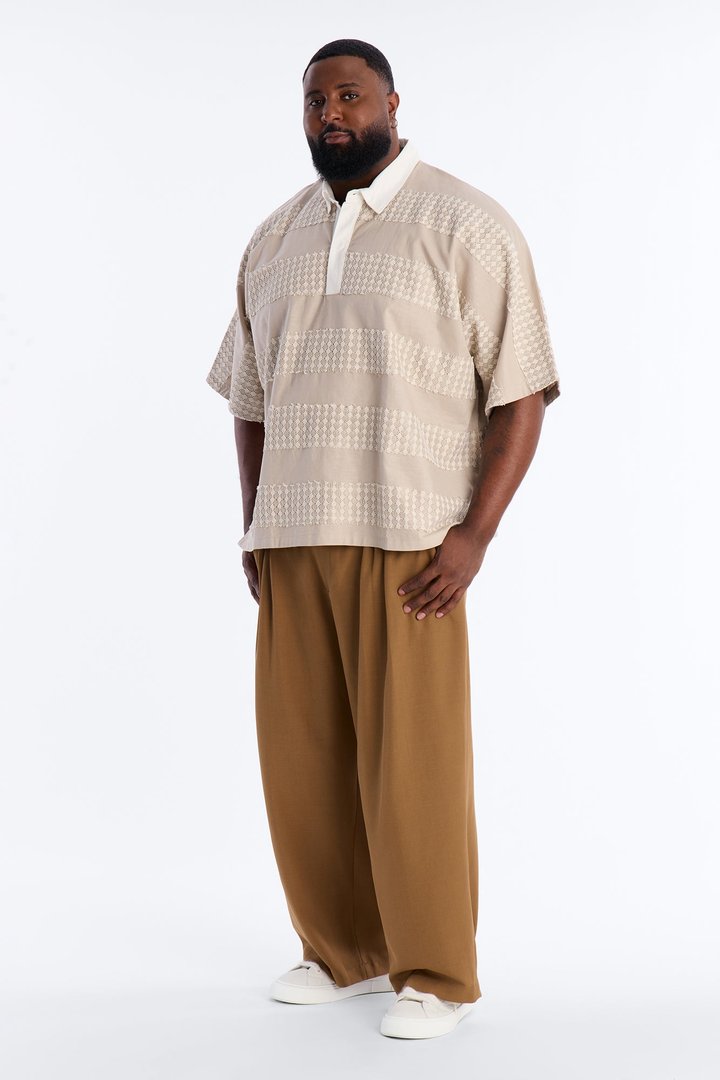 Oversized Net Motion Crochet Polo Shirt - Tan
