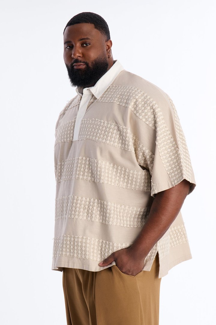 Oversized Net Motion Crochet Polo Shirt - Tan