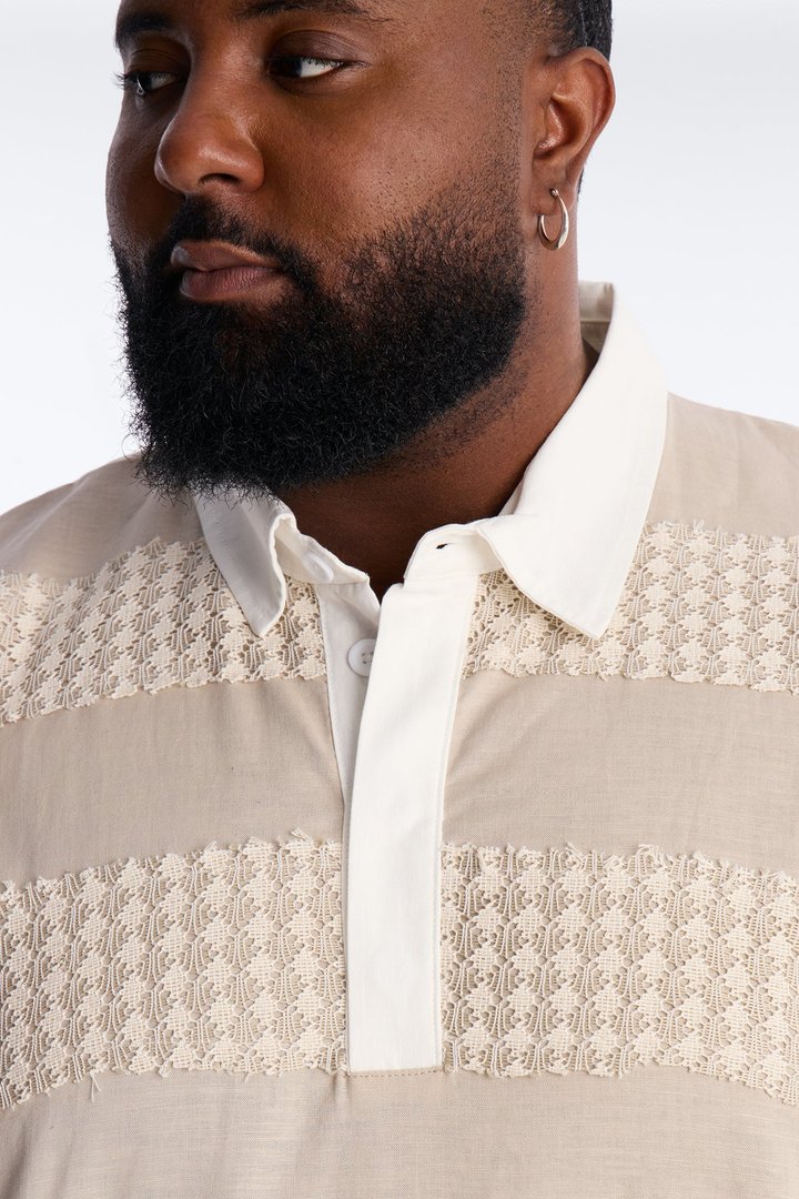 Oversized Net Motion Crochet Polo Shirt - Tan