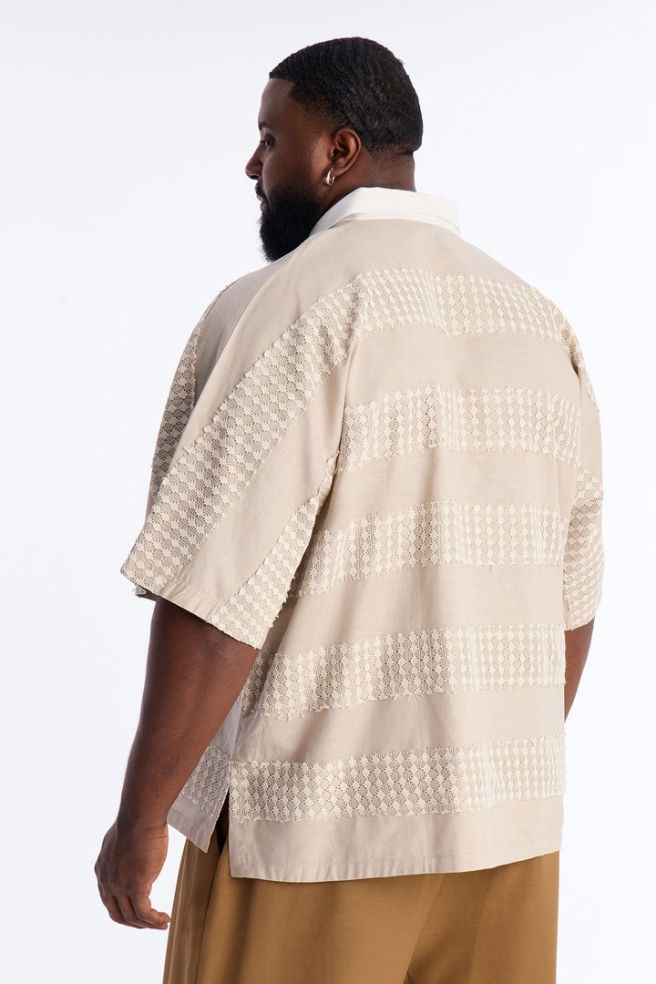 Oversized Net Motion Crochet Polo Shirt - Tan