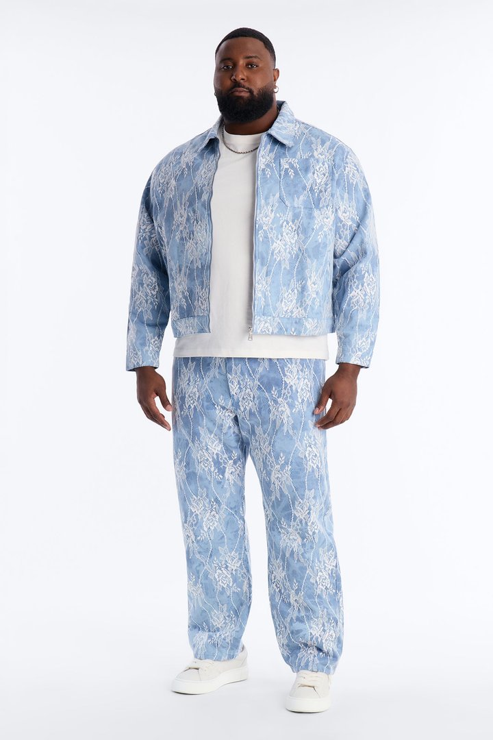 Lace Overlay Zip Denim Jacket - Medium Blue Wash