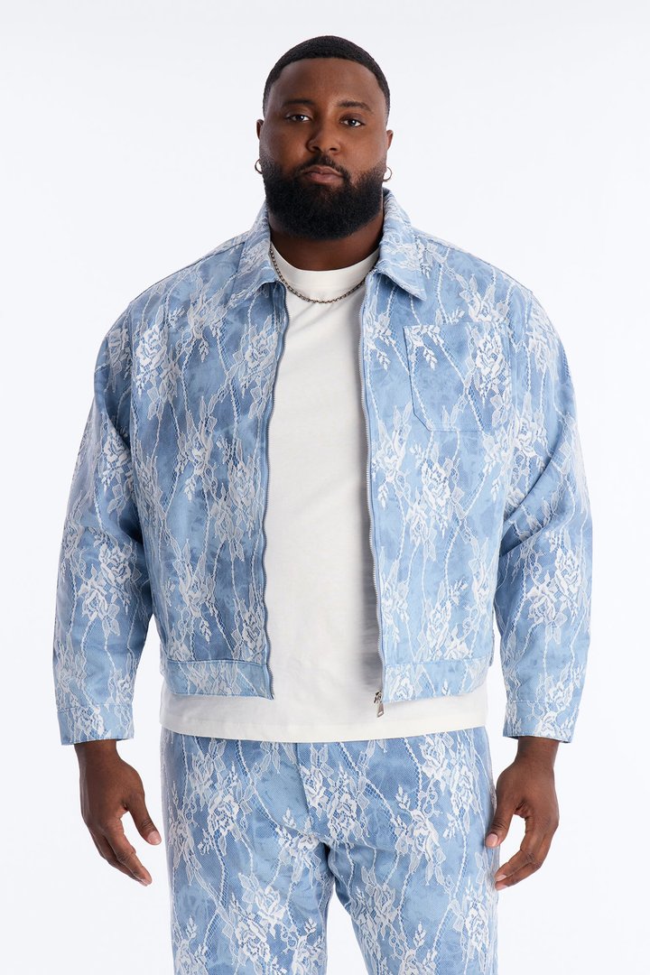 Lace Overlay Zip Denim Jacket - Medium Blue Wash