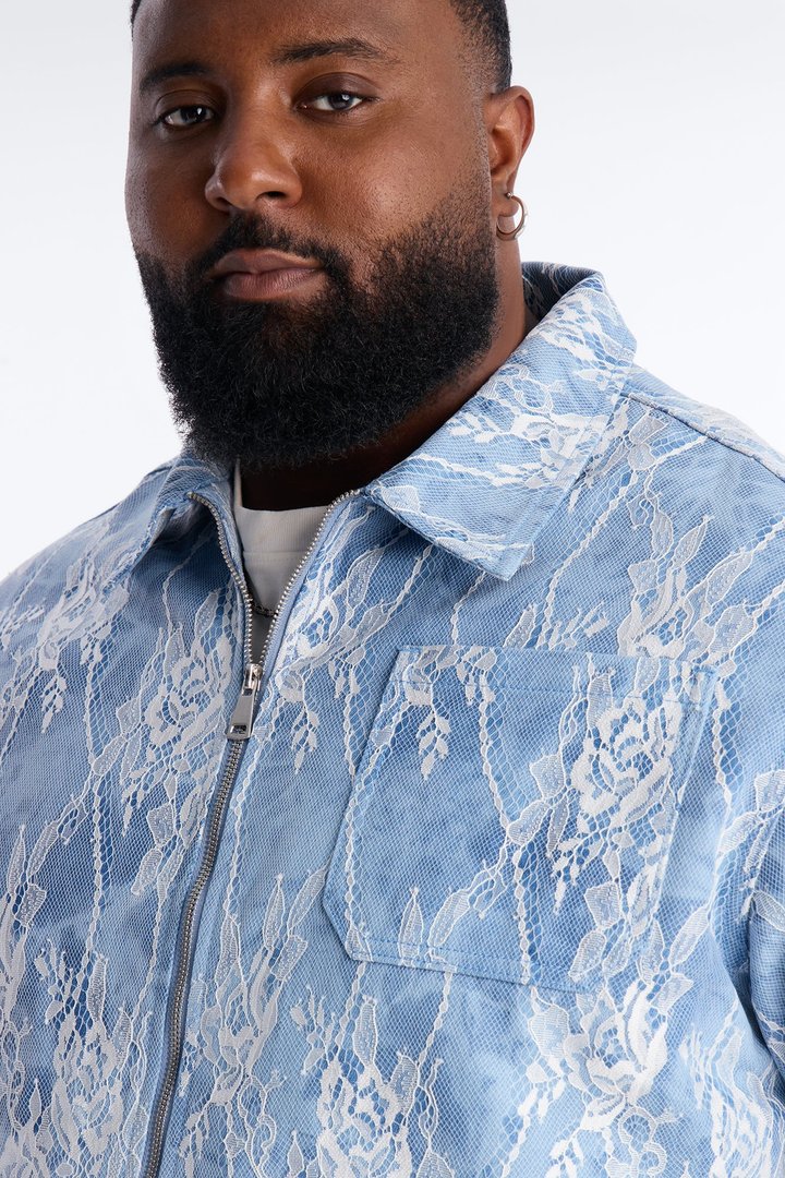Lace Overlay Zip Denim Jacket - Medium Blue Wash