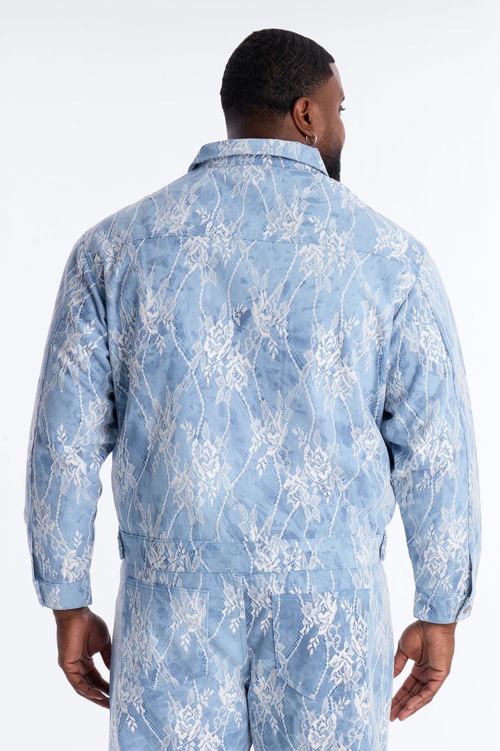 Lace Overlay Zip Denim Jacket - Medium Blue Wash