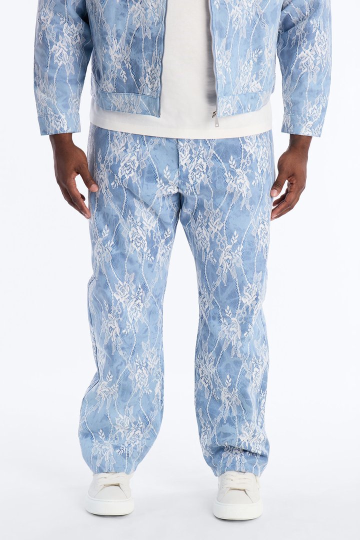 Lace Overlay Straight Jeans - Medium Blue Wash