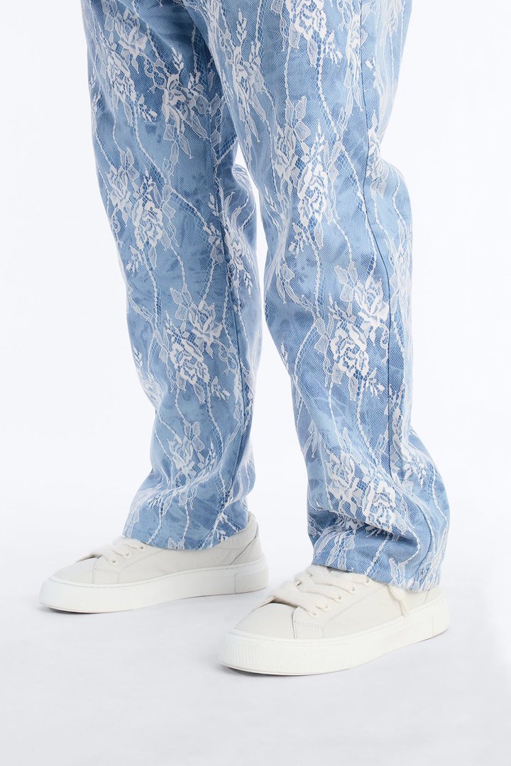 Lace Overlay Straight Jeans - Medium Blue Wash