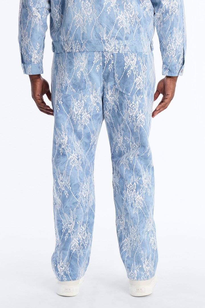 Lace Overlay Straight Jeans - Medium Blue Wash