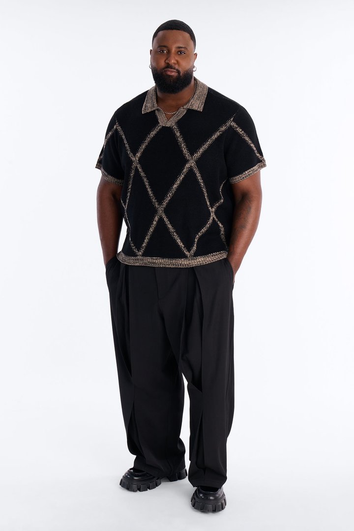 Classic Argyle Knit Polo - Black