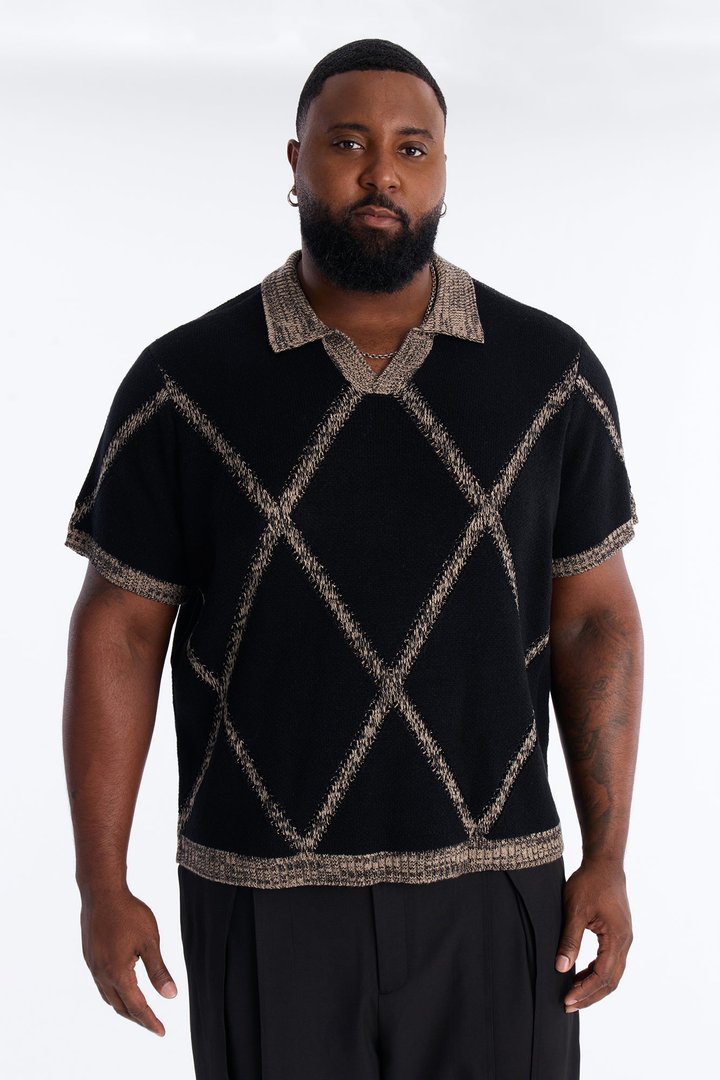 Classic Argyle Knit Polo - Black
