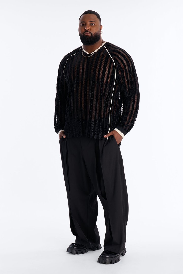 Luxe Grid Paneled V Neck Shirt - Black