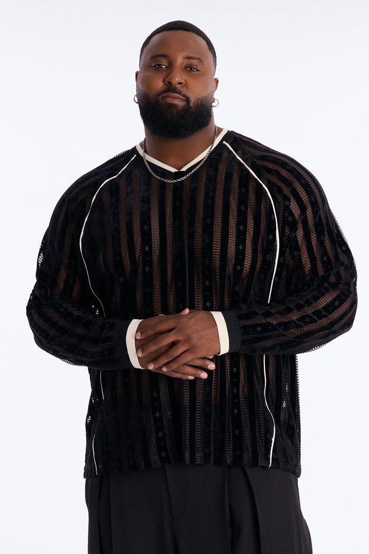 Luxe Grid Paneled V Neck Shirt - Black