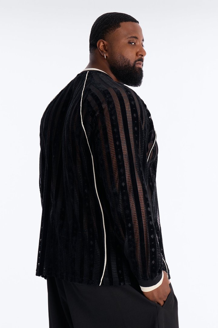Luxe Grid Paneled V Neck Shirt - Black