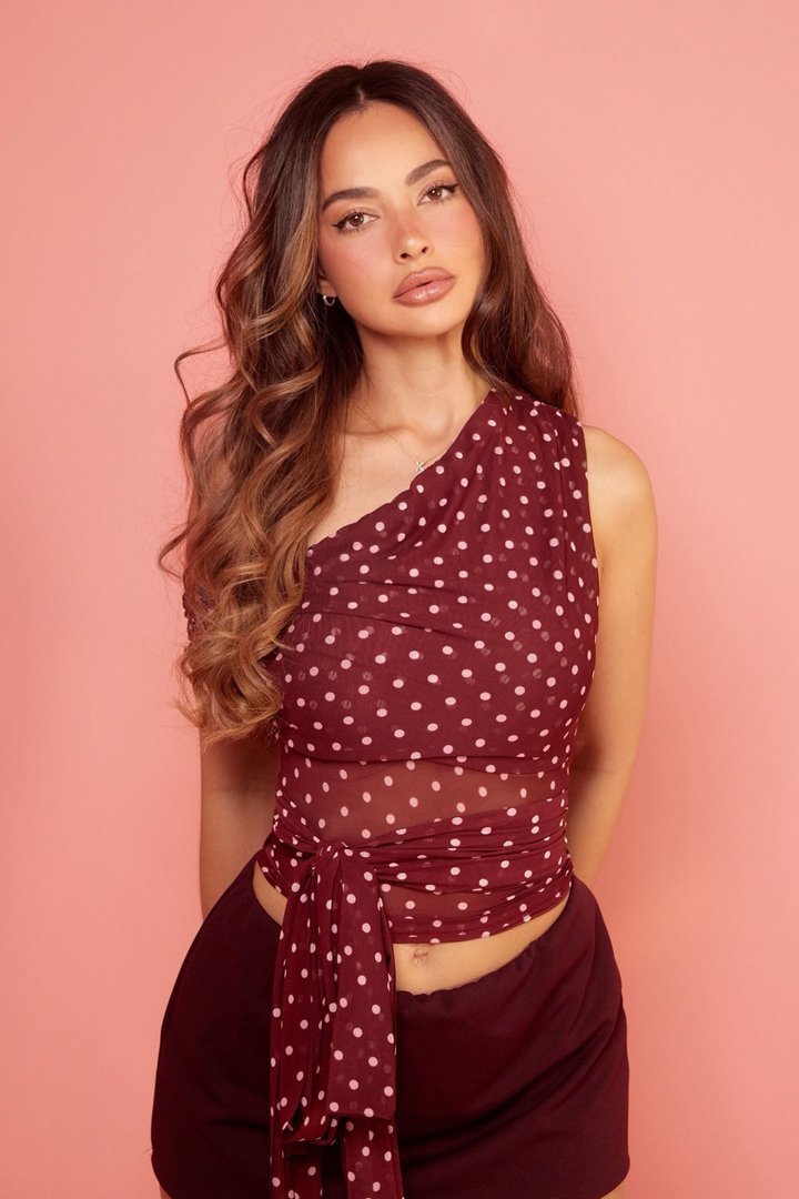 Kylie Polka Dot Off Shoulder Mesh Top - Burgundy/combo