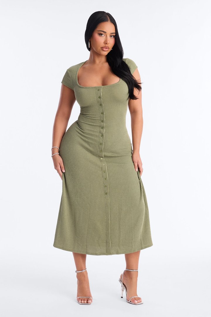 Catherine Ribbed Midi Dress - Olive