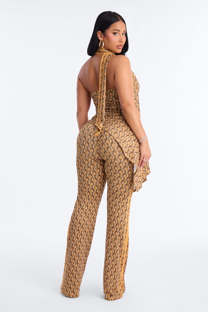 Henley Asymmetrical 3 Piece Pant Set - Orange/combo
