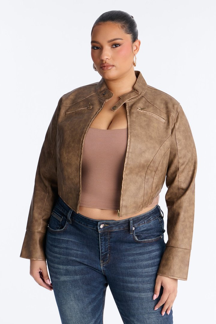 Run The Streets Fitted Washed Faux Leather Moto Jacket - Brown
