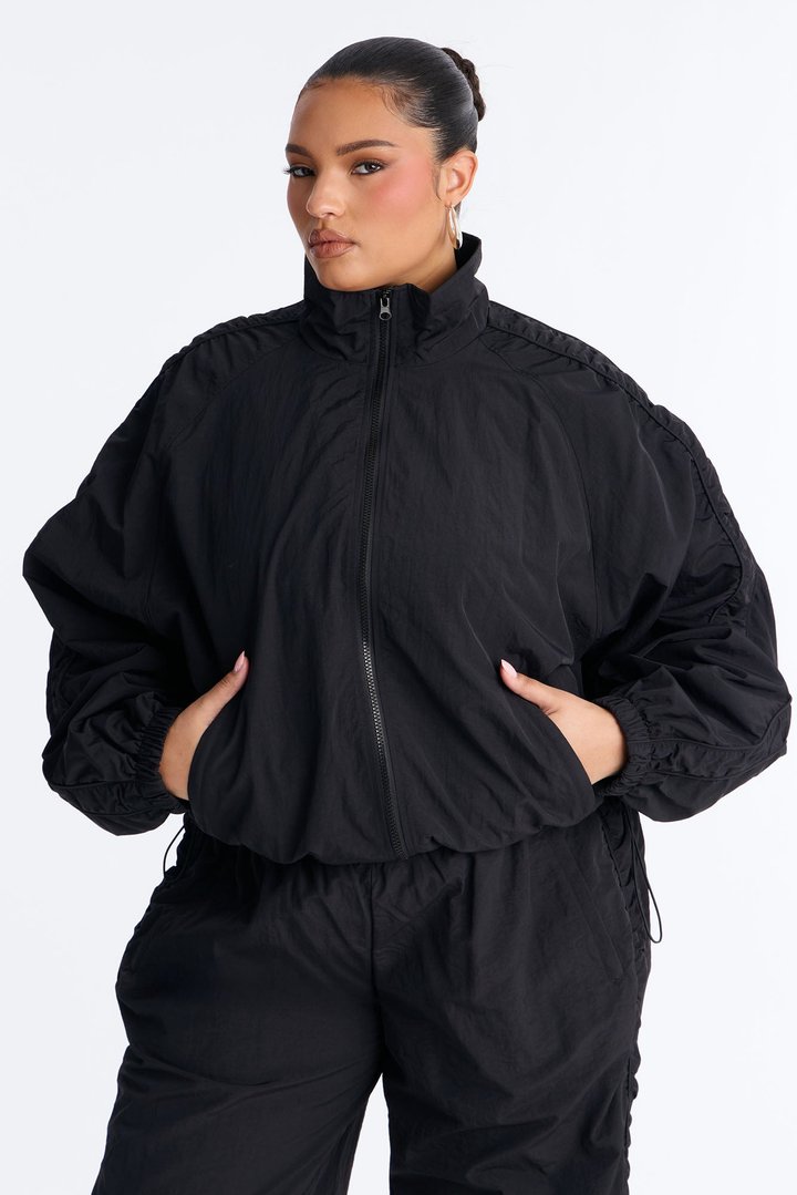 Off Duty Days Ruched Windbreaker Funnel Neck Jacket - Black