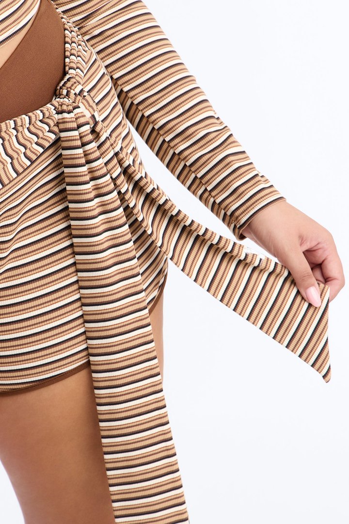 Mallie Striped 3 Piece Short Set - Brown/combo