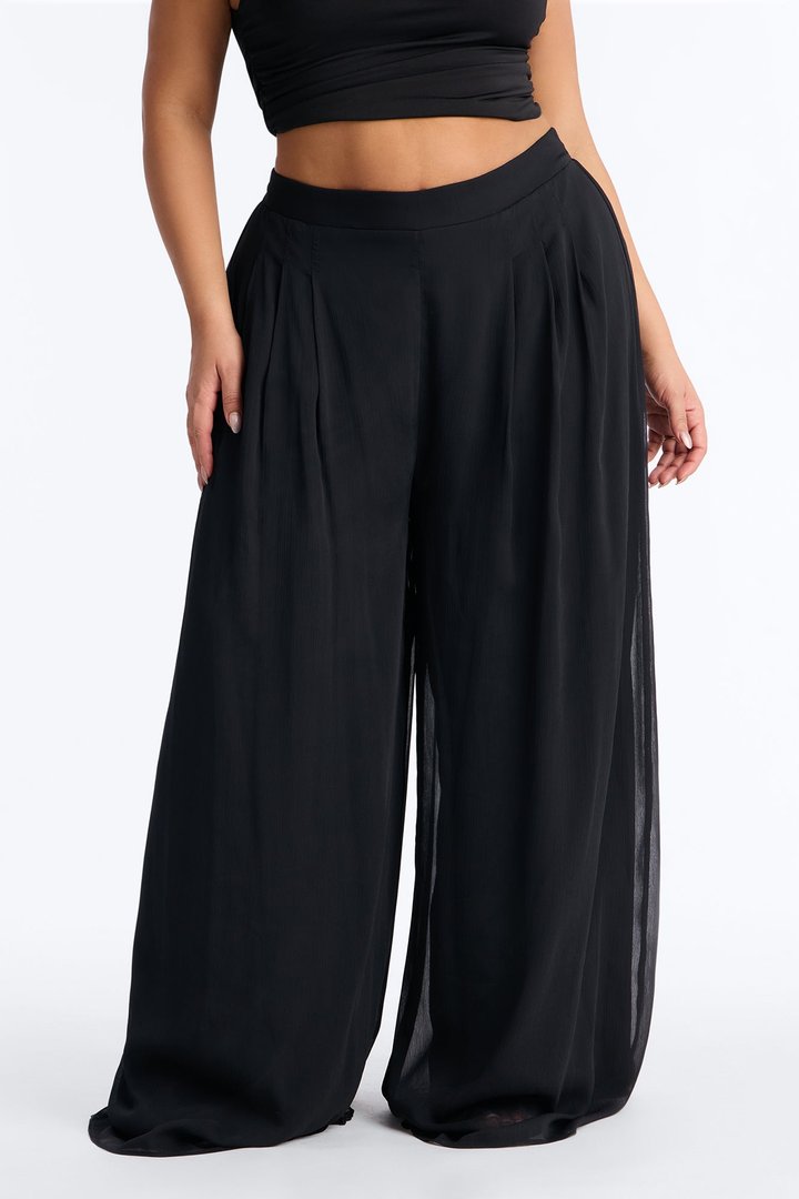 Flowy Layered Chiffon Wide Leg Pant 33″ - Black