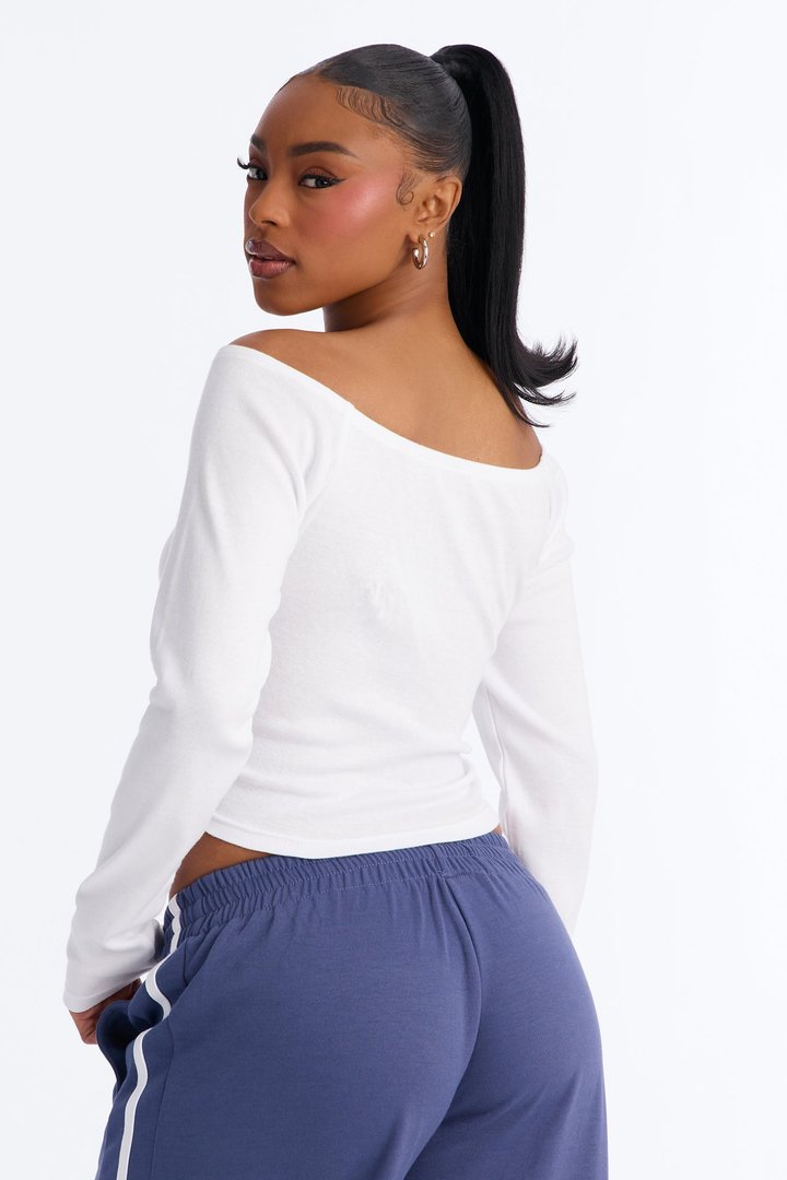 Space Jam Off Shoulder Long Sleeve Baby Tee - White