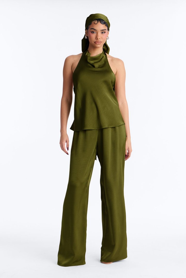 Eve Satin Halter 3 Piece Pant Set - Green