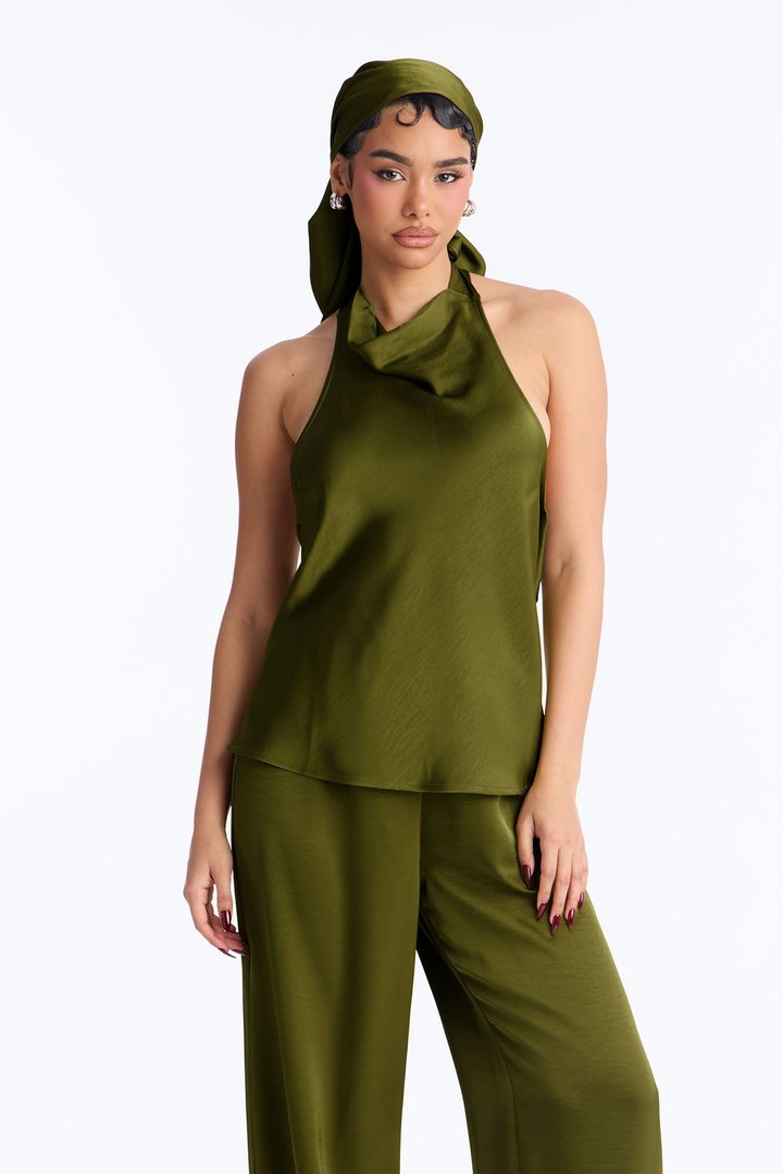 Eve Satin Halter 3 Piece Pant Set - Green