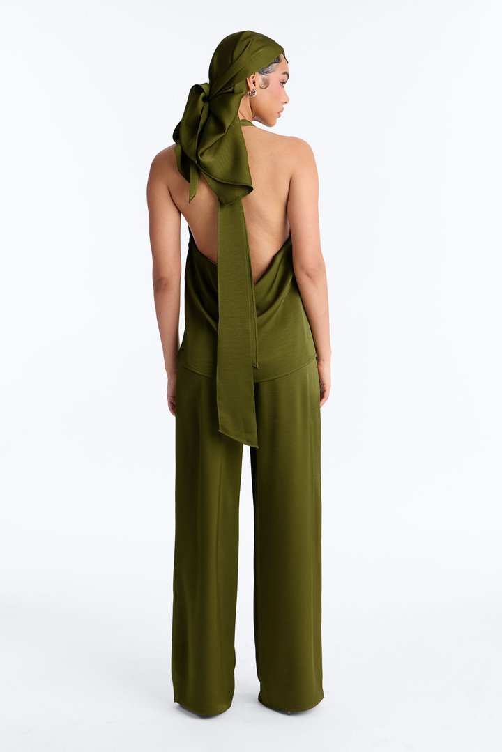 Eve Satin Halter 3 Piece Pant Set - Green
