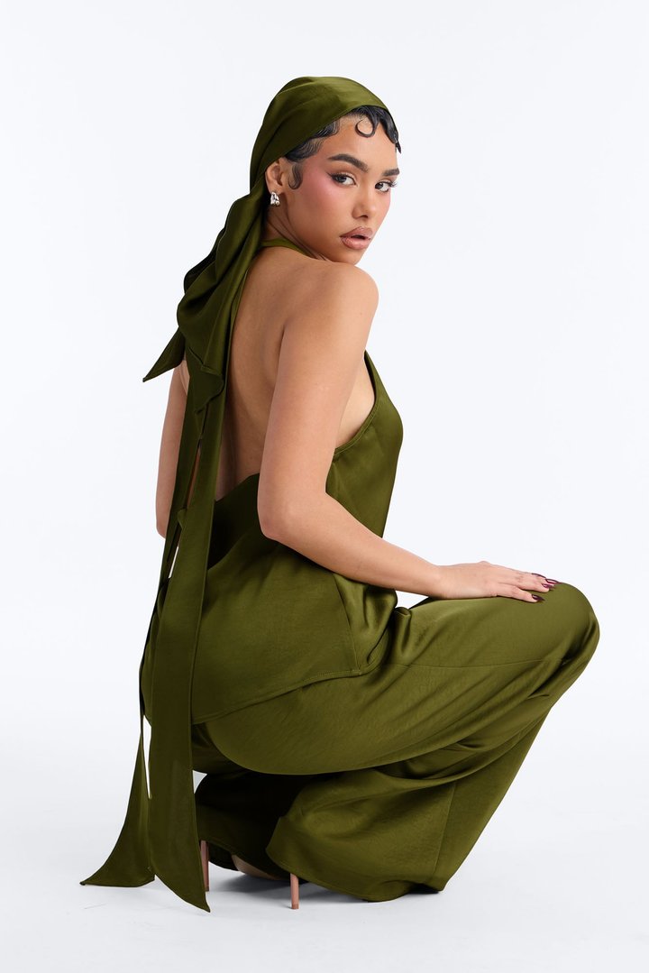 Eve Satin Halter 3 Piece Pant Set - Green