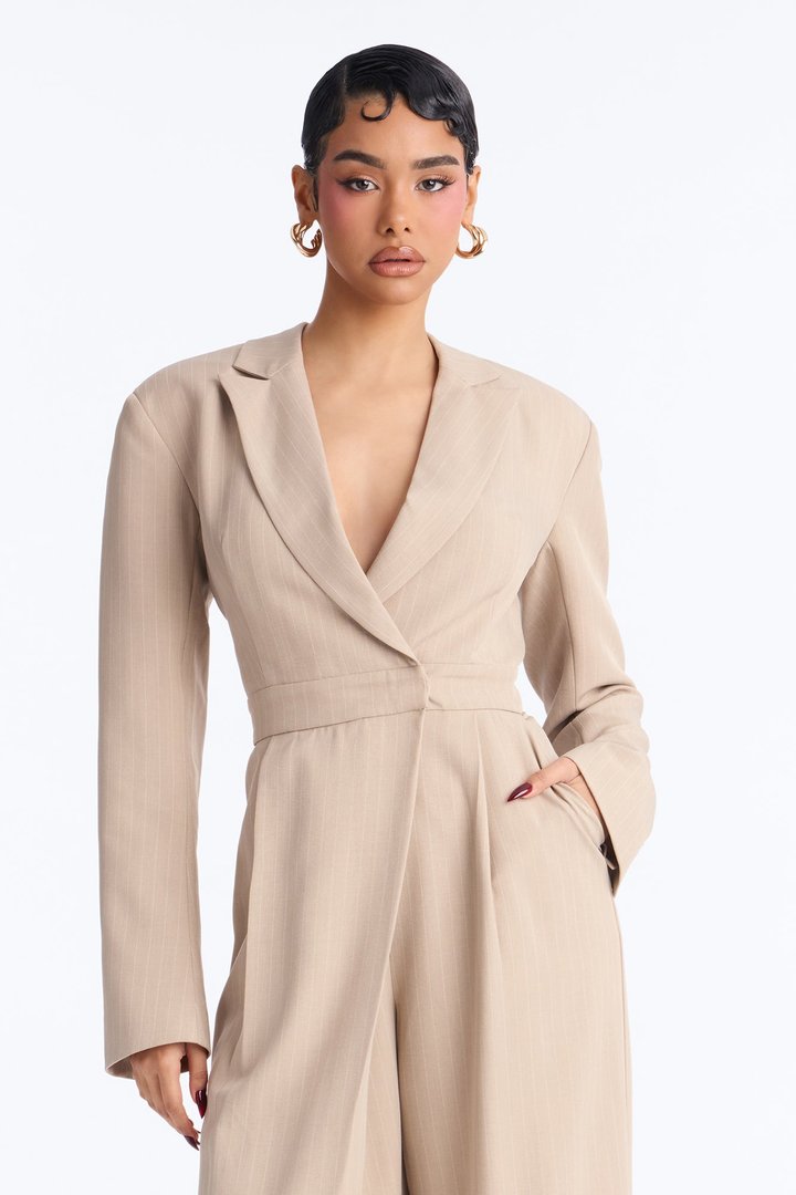 Office Class Pinstripe Wide Leg Jumpsuit - Taupe