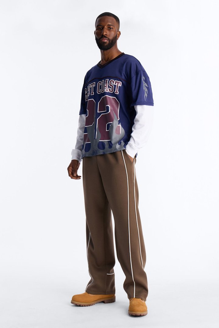 Straight Structured Fleece Piped Pant - Brown