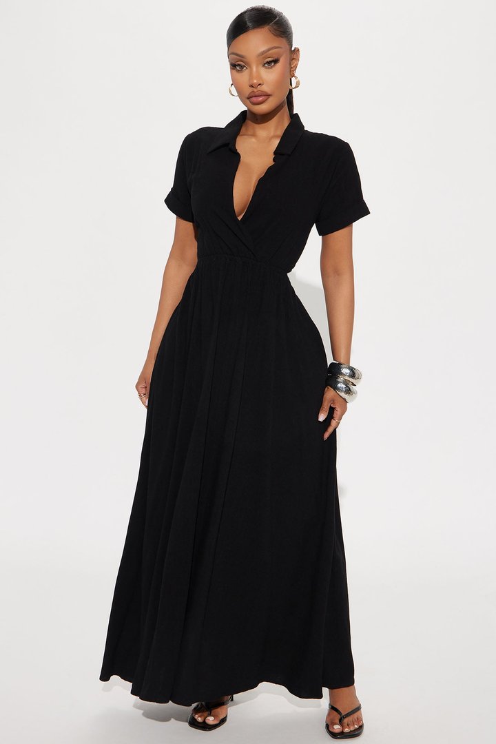 Linen Maxi Shirt Dress - Black