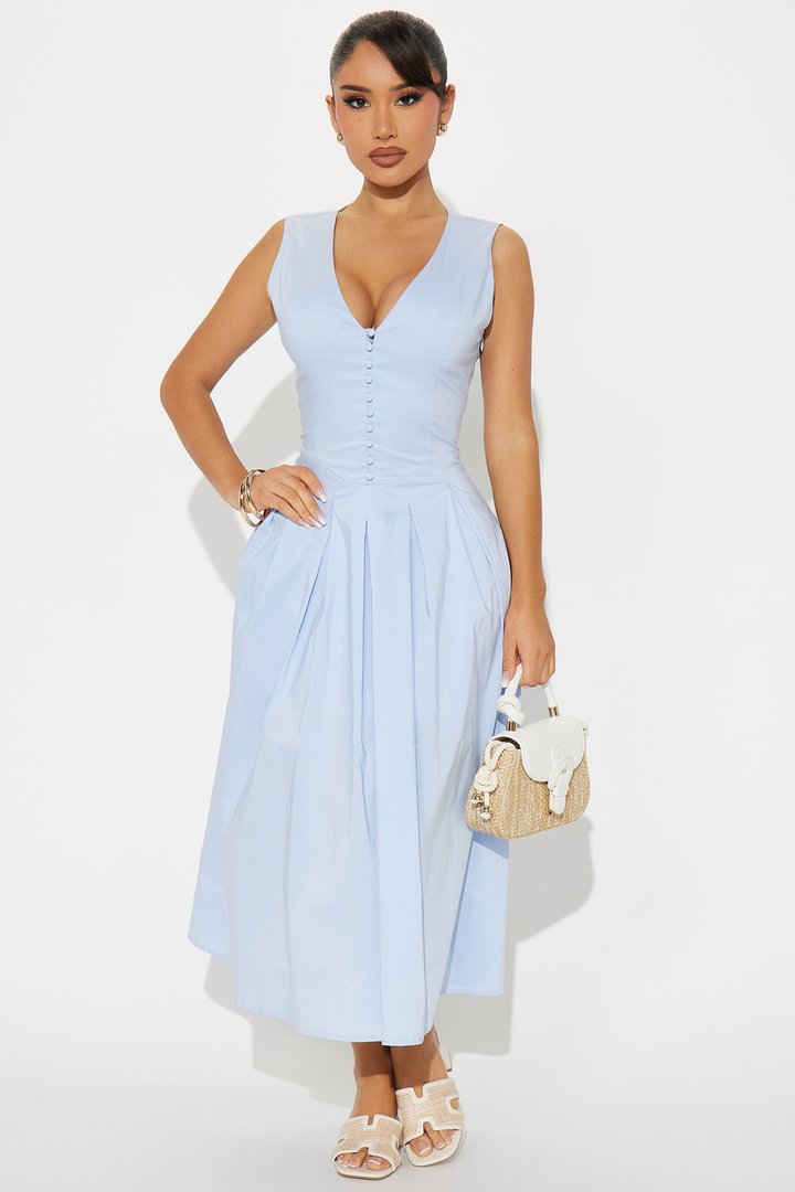 Refined Aura Poplin Midi Dress - Ice Blue