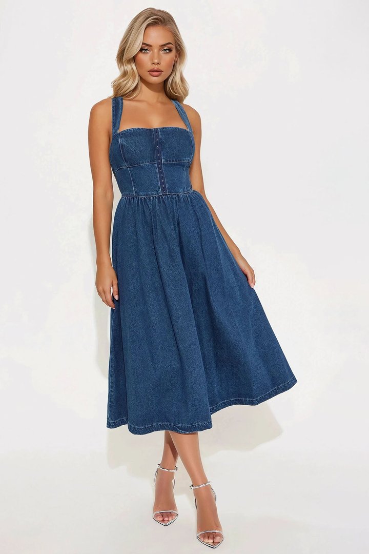 Sunday Stroll Denim Midi Dress - Dark Wash
