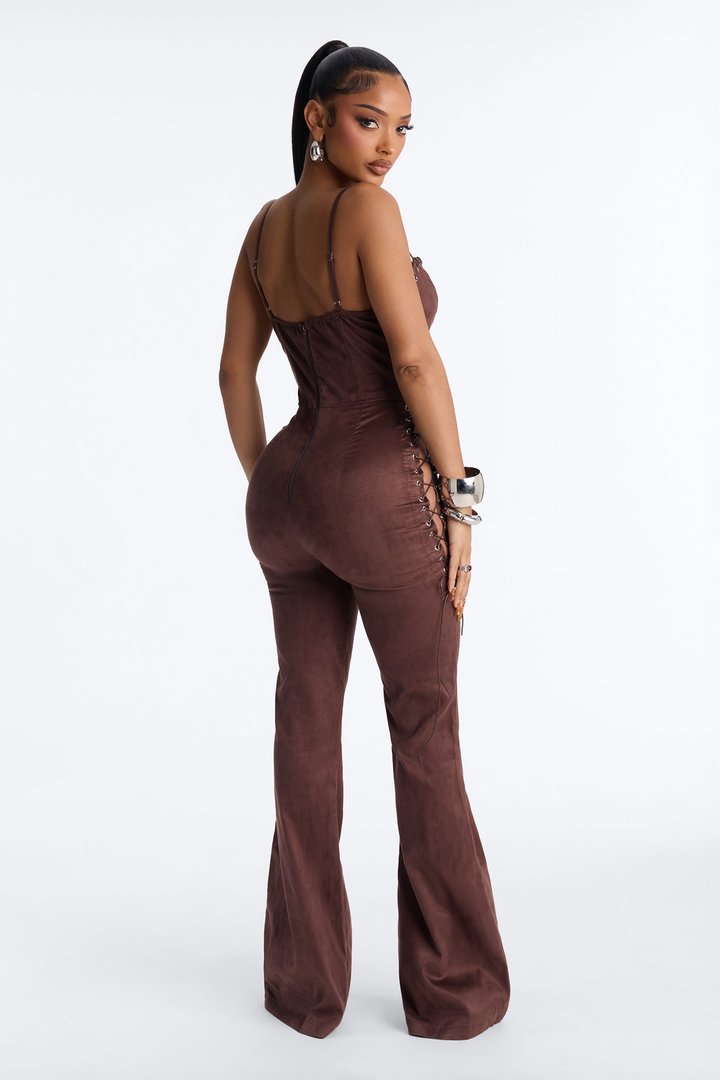 Saddle Up Suede Lace Up Flare Leg Jumpsuit - Brown
