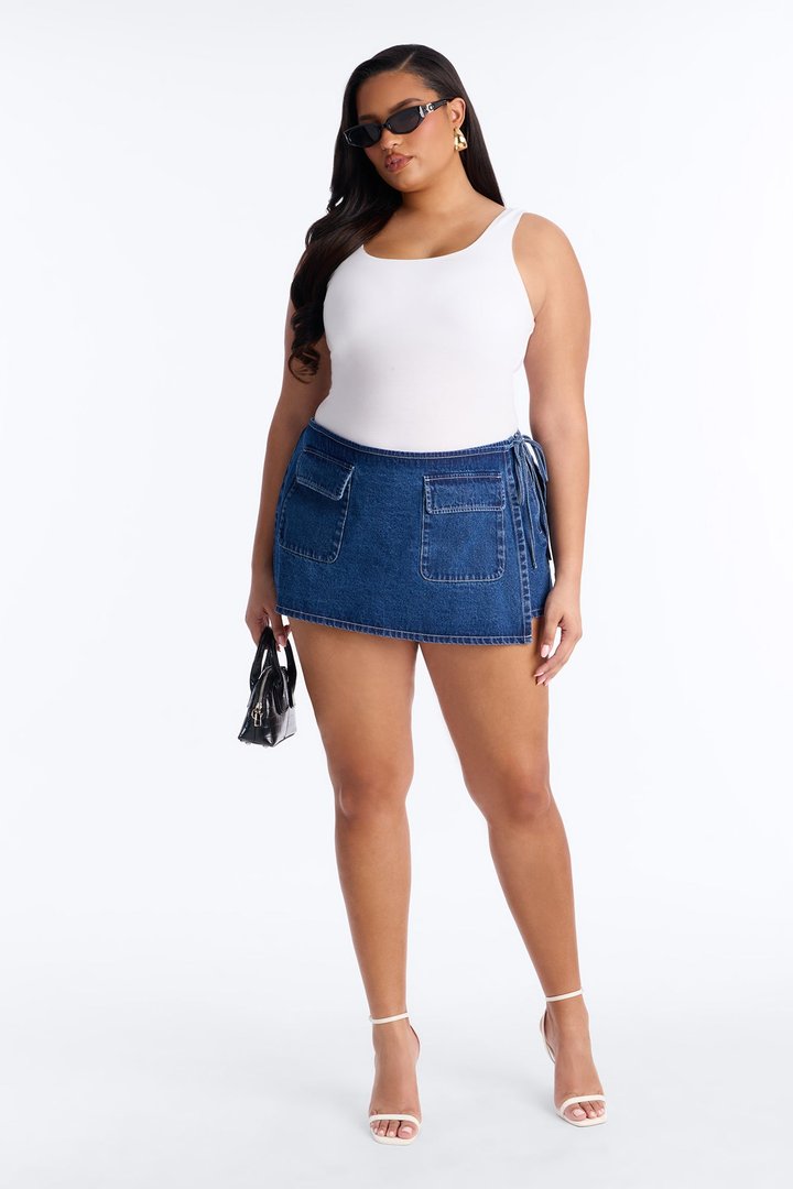 Kimmie Wrap Denim Micro Mini Skort - Dark Wash
