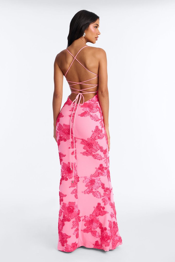 Sweet Petals Embroidered Mesh Gown - Hot Pink