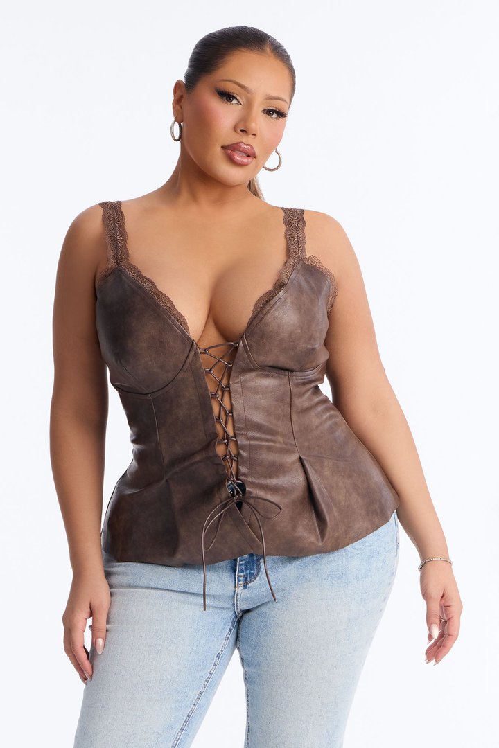 Nowhere To Go Lace Up Faux Leather Top - Brown