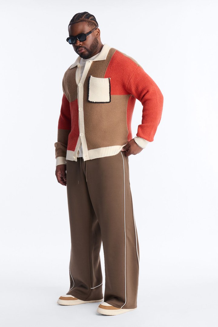 Straight Structured Fleece Piped Pant - Brown