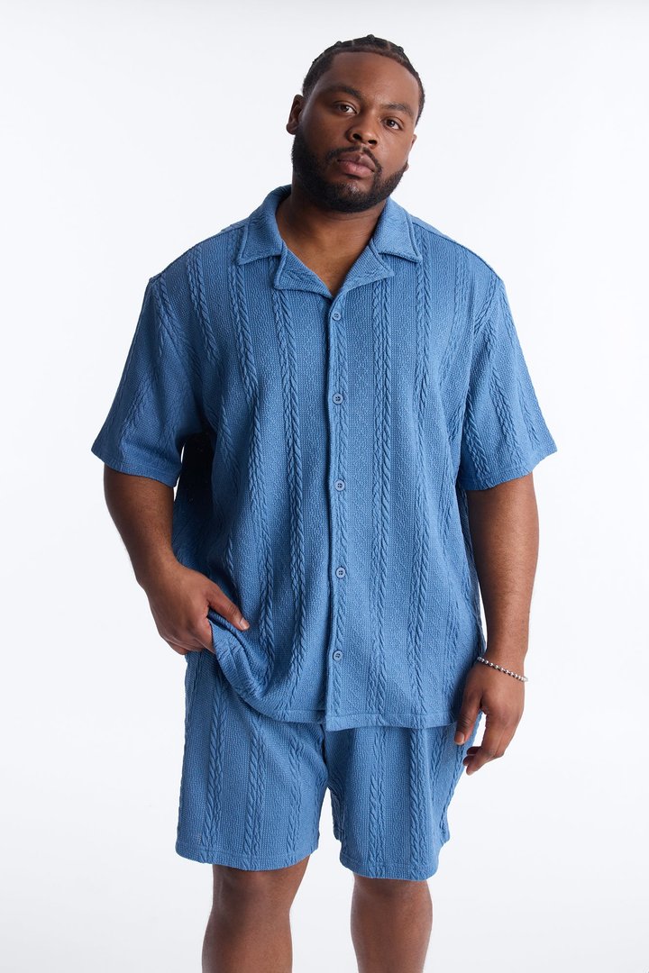Textured Stripes Cuban Short Sleeve Button Up Shirt - Blue