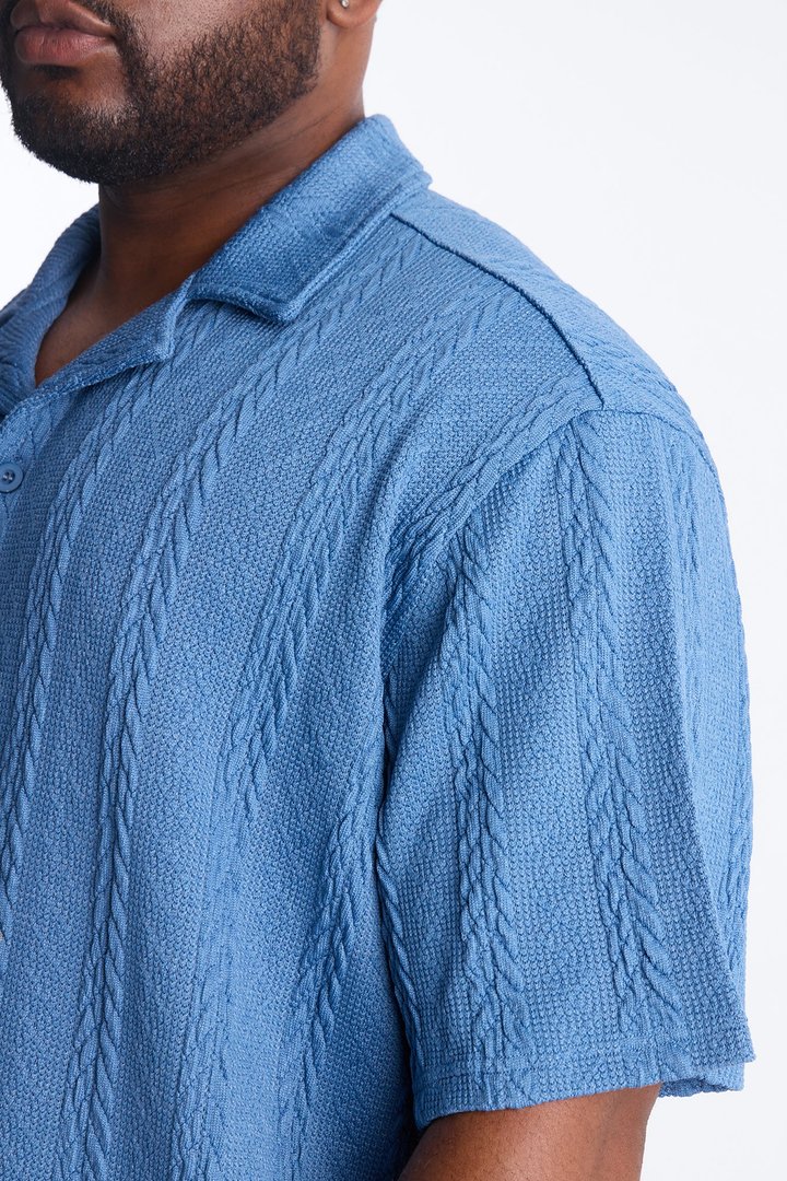 Textured Stripes Cuban Short Sleeve Button Up Shirt - Blue