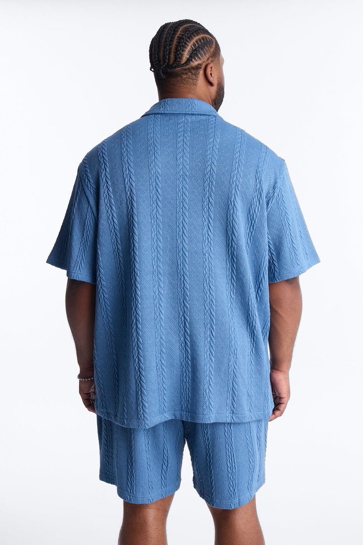 Textured Stripes Cuban Short Sleeve Button Up Shirt - Blue